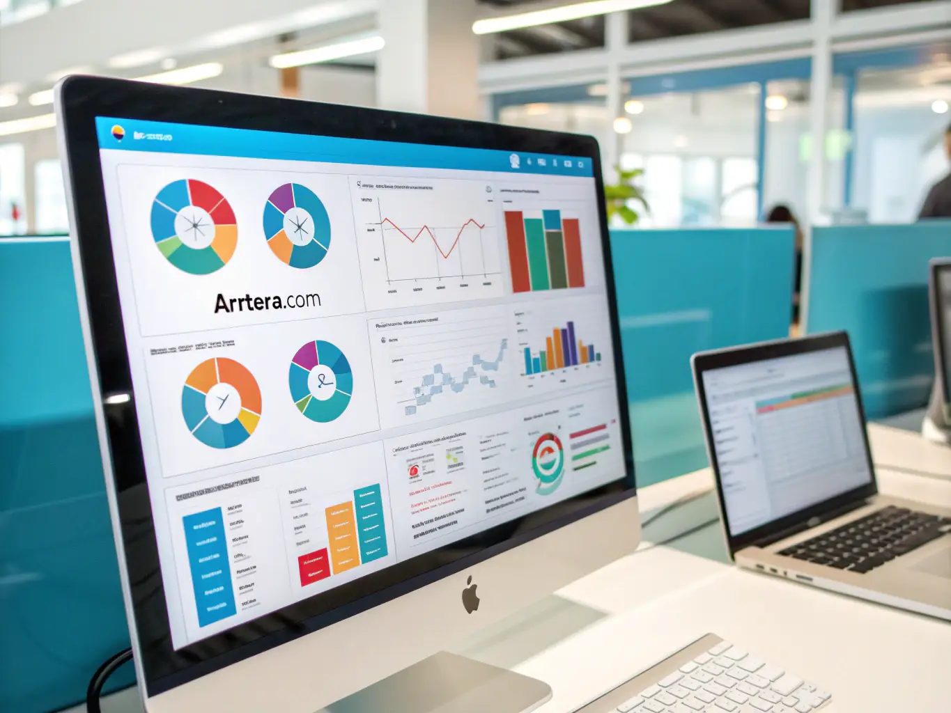 A dynamic dashboard display of Arntera.com's performance tracking analytics, highlighting key metrics, charts, and graphs that provide insights into team productivity and project performance.