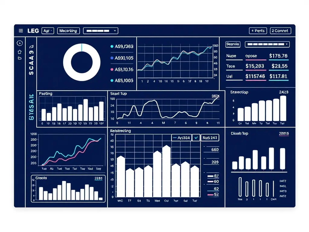 A digital illustration of a performance tracking dashboard with key metrics, graphs, and charts, demonstrating Arntera's performance tracking and analytics capabilities.