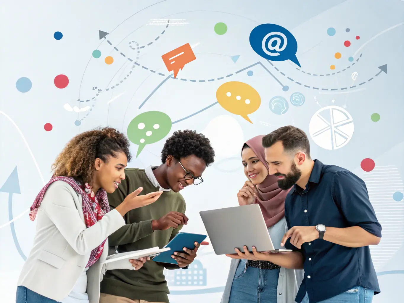 A digital illustration showing team members collaborating on a virtual whiteboard, highlighting Arntera's real-time collaboration and communication features.