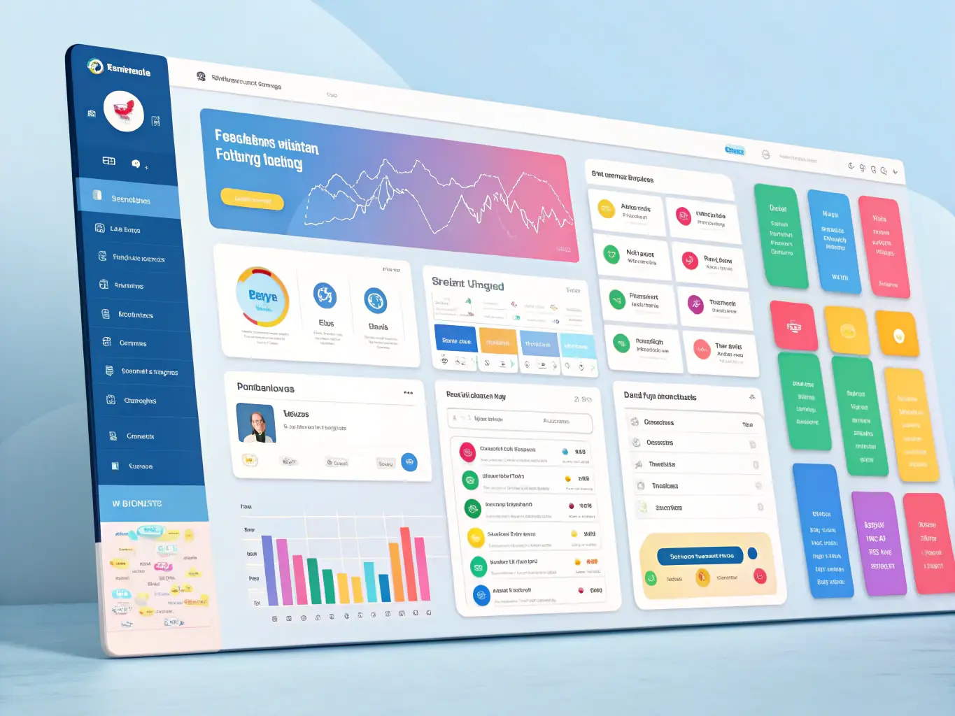 A digital illustration depicting a project management dashboard with various charts, task lists, and progress indicators, showcasing Arntera's project management capabilities.